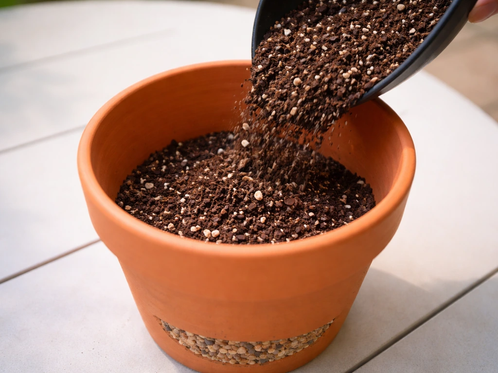 Close-up of a plant pot being filled with free-draining potting mix, showing a visible drainage layer.