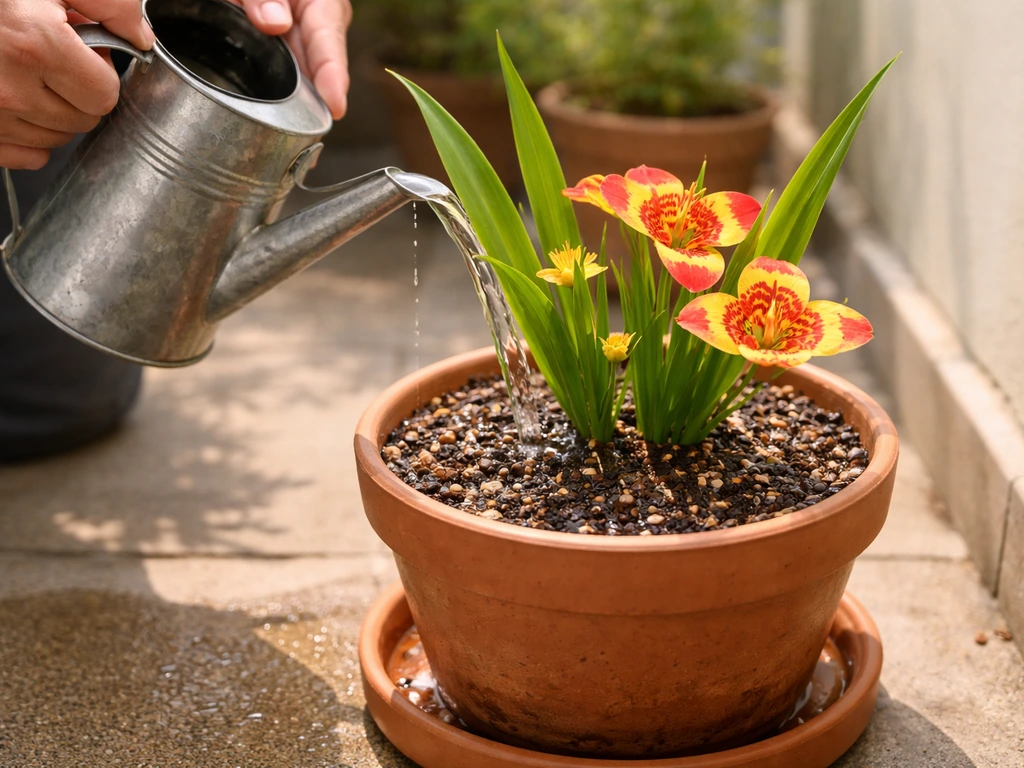 Hands gently water a potted plant, moist soil surface and slight runoff in the saucer.