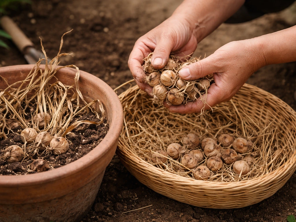 Hands lifting dried corms from a terracotta pot beside a basket and dry foliage.