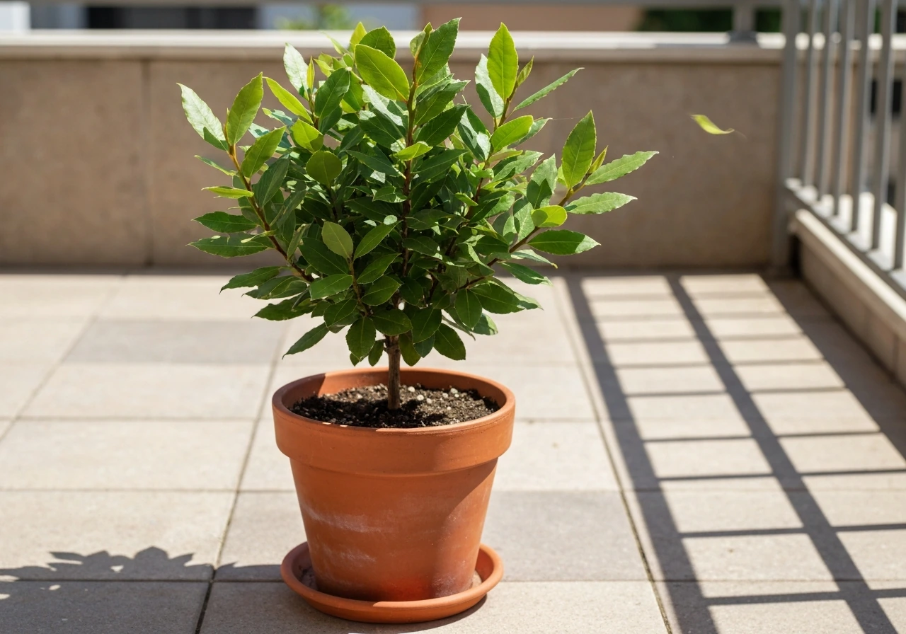 Potted bay laurel thriving in a terracotta pot on a sunny patio with lush green leaves