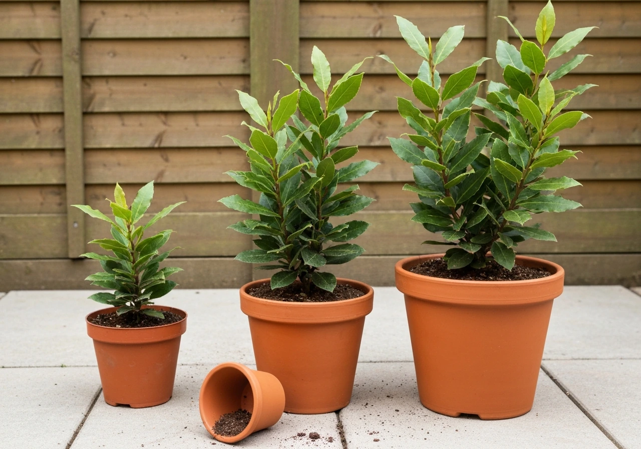 Three bay laurel potted plants and a neatly placed clay pot showing different pot sizes for selection