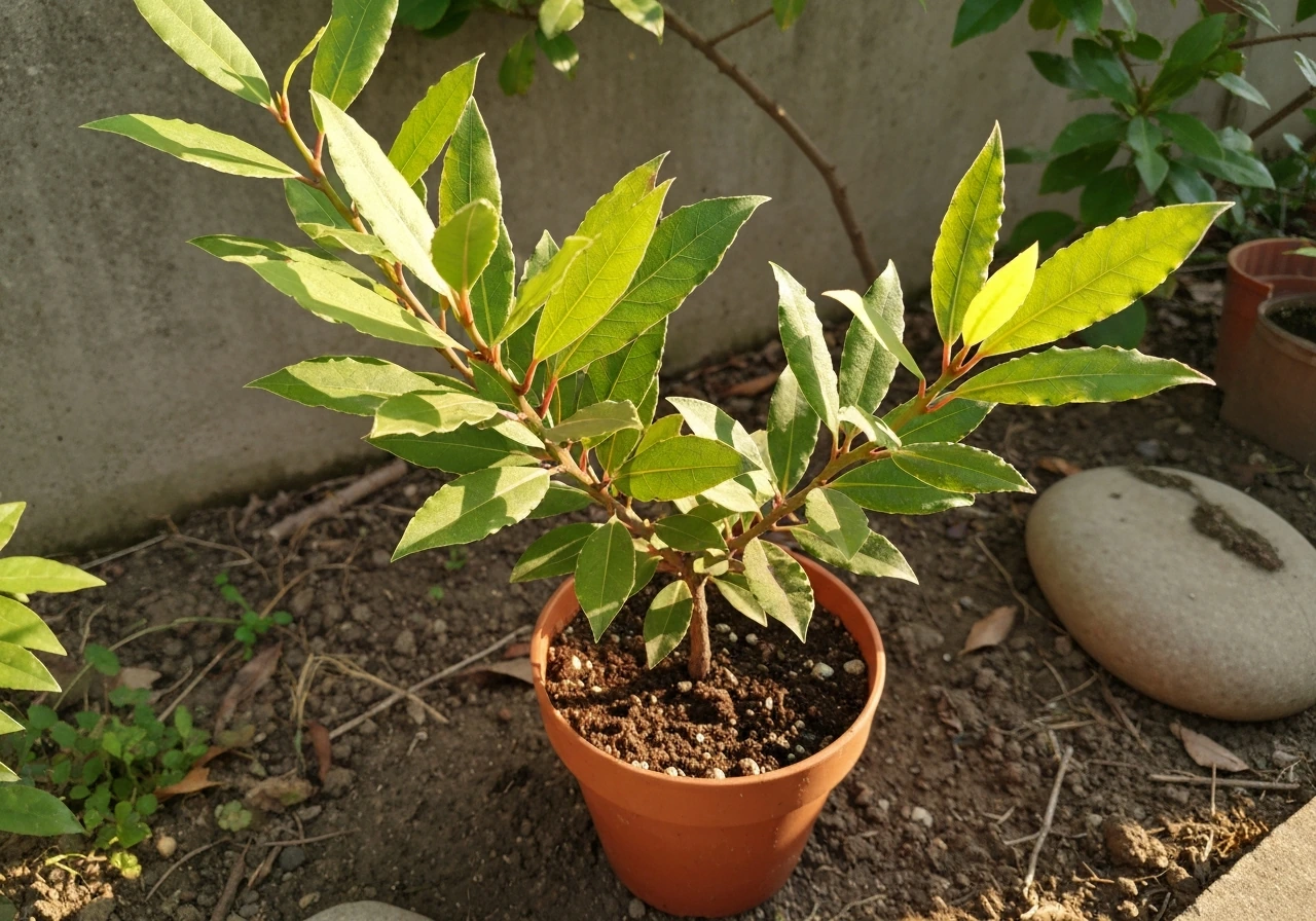 Bay laurel shrub outdoors in partial shade with strong morning sunlight on its leaves.