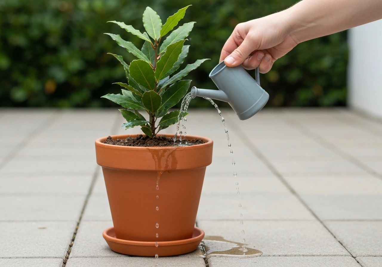 Bay laurel in a terracotta pot with dry topsoil being thoroughly watered until excess drains.