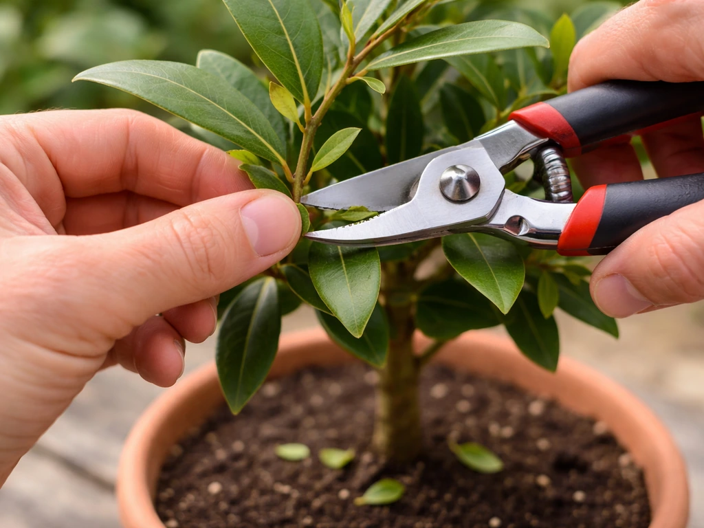Hands using sharp secateurs to prune fresh bay growth just above a leaf node on a potted plant.