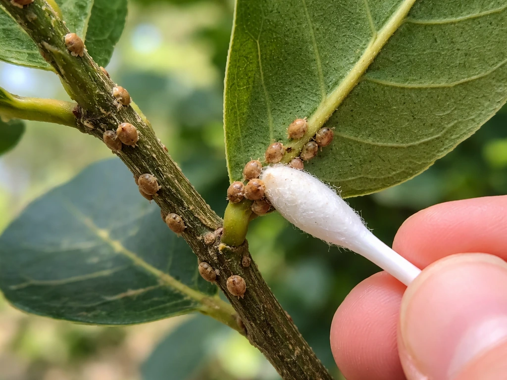 Close-up of brown scale bumps on a bay plant stem with a swab touching one for treatment