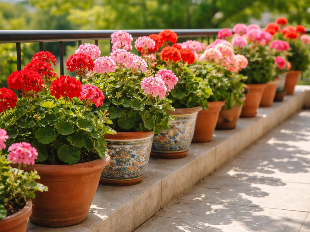 Colorful pelargoniums in blooming pots on a sunny outdoor patio balcony.