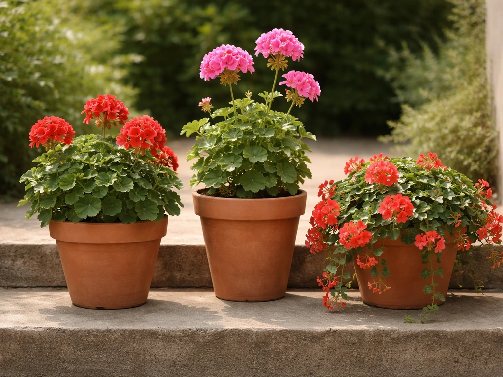 Three different pelargoniums in pots showing upright zonal and trailing growth in a sunny patio.