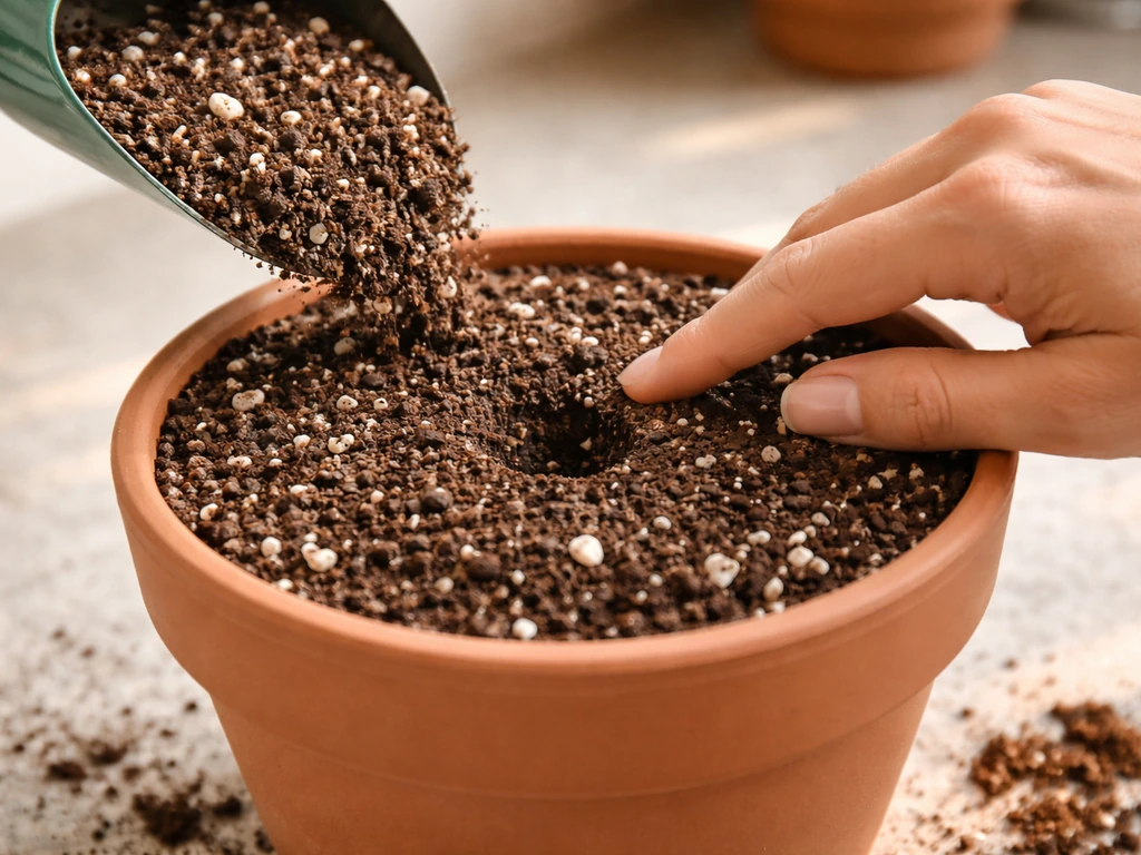 Close-up of potting mix with perlite in a pot, with fingertips leveling soil for proper planting depth.