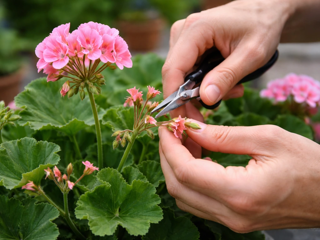 Gardener hands deadheading and pruning pelargoniums, cutting spent flower stems and pinching tips.