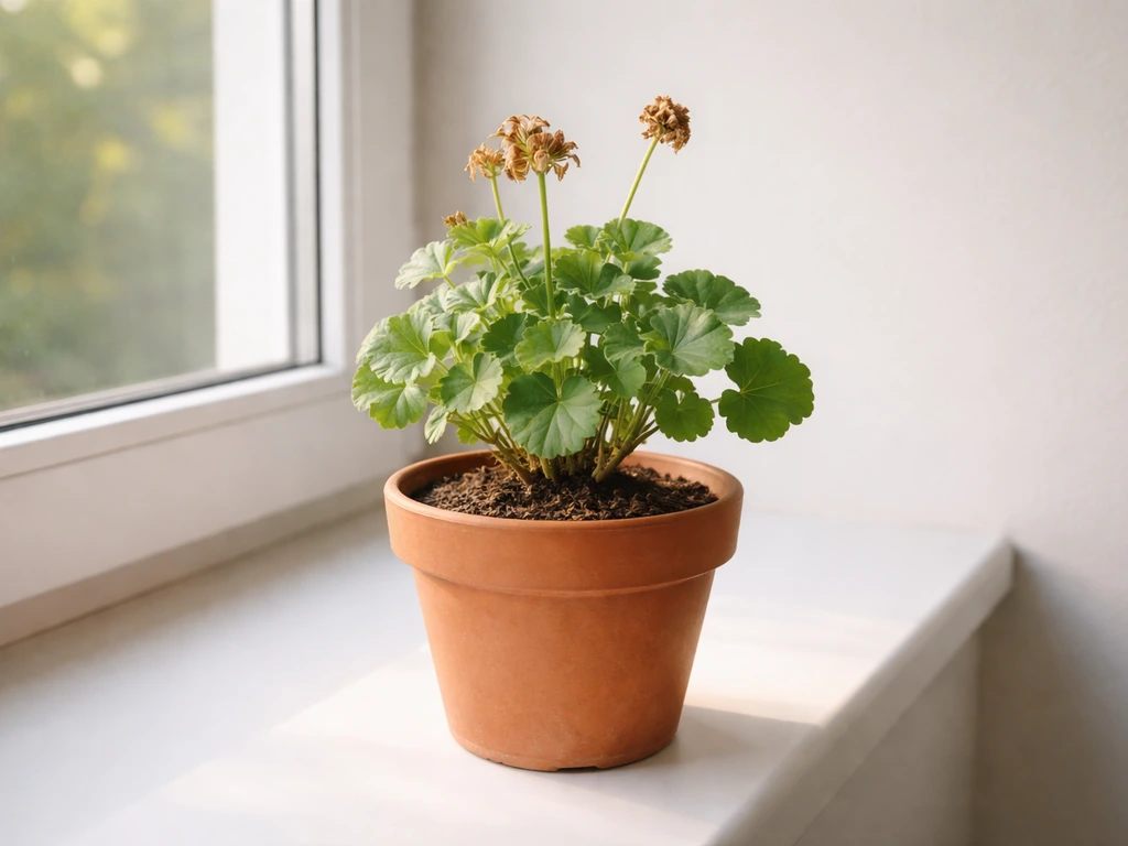 Potted pelargonium on a windowsill in a light, frost-free room during overwintering