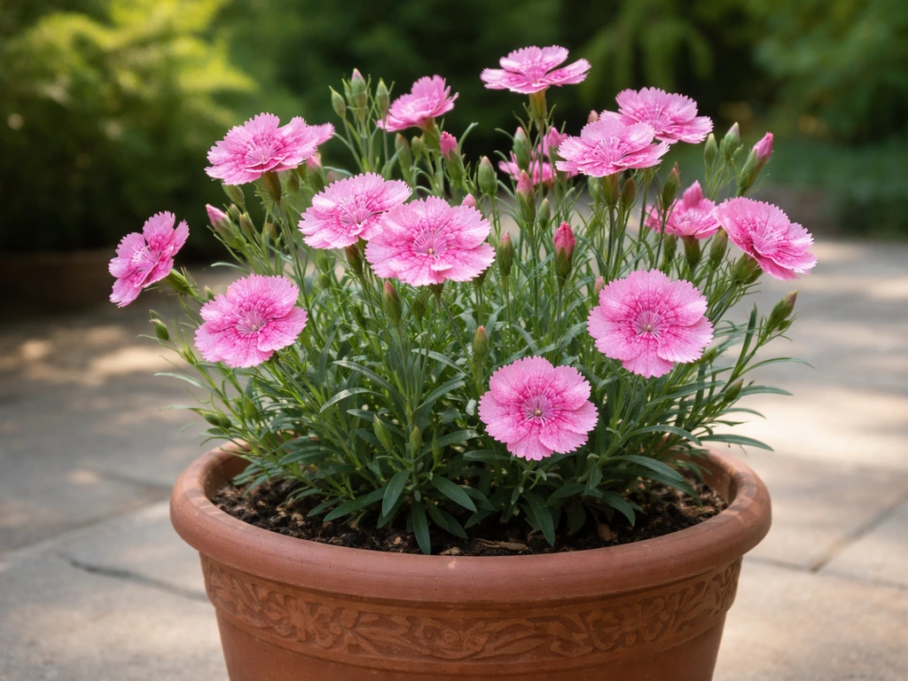 Fragrant pinks (Dianthus) in full bloom in a decorative pot on a patio, with fringed pink petals.