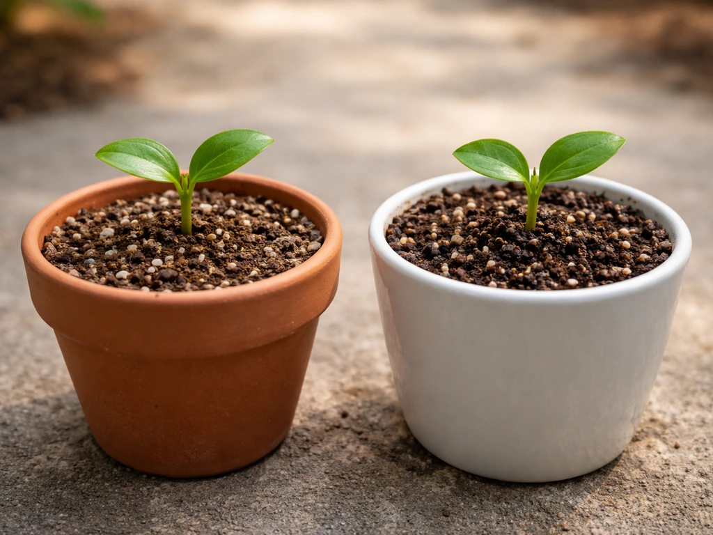 Terracotta plant pot with potting mix and subtle dry soil contrast against a non-porous pot nearby.