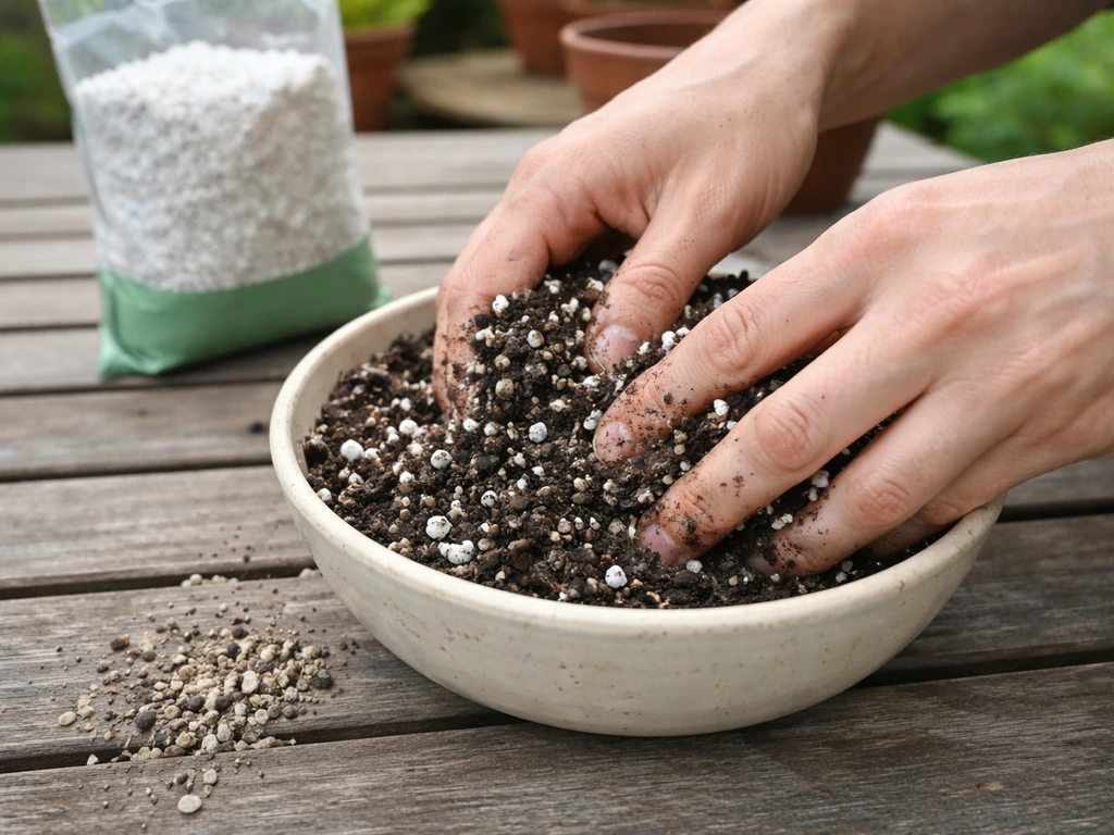Hands mixing potting compost with perlite and grit in a small bowl for pink flowers.