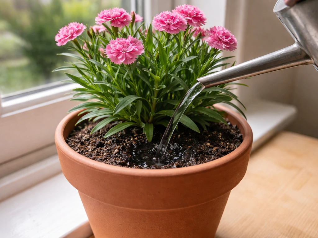 Watering pinks in a pot at the base/crown line, keeping the leaves dry.