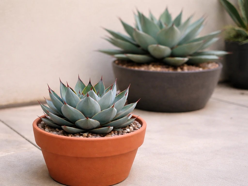 Compact blue-glow agave rosette in a pot beside a larger agave-in-pot for size comparison