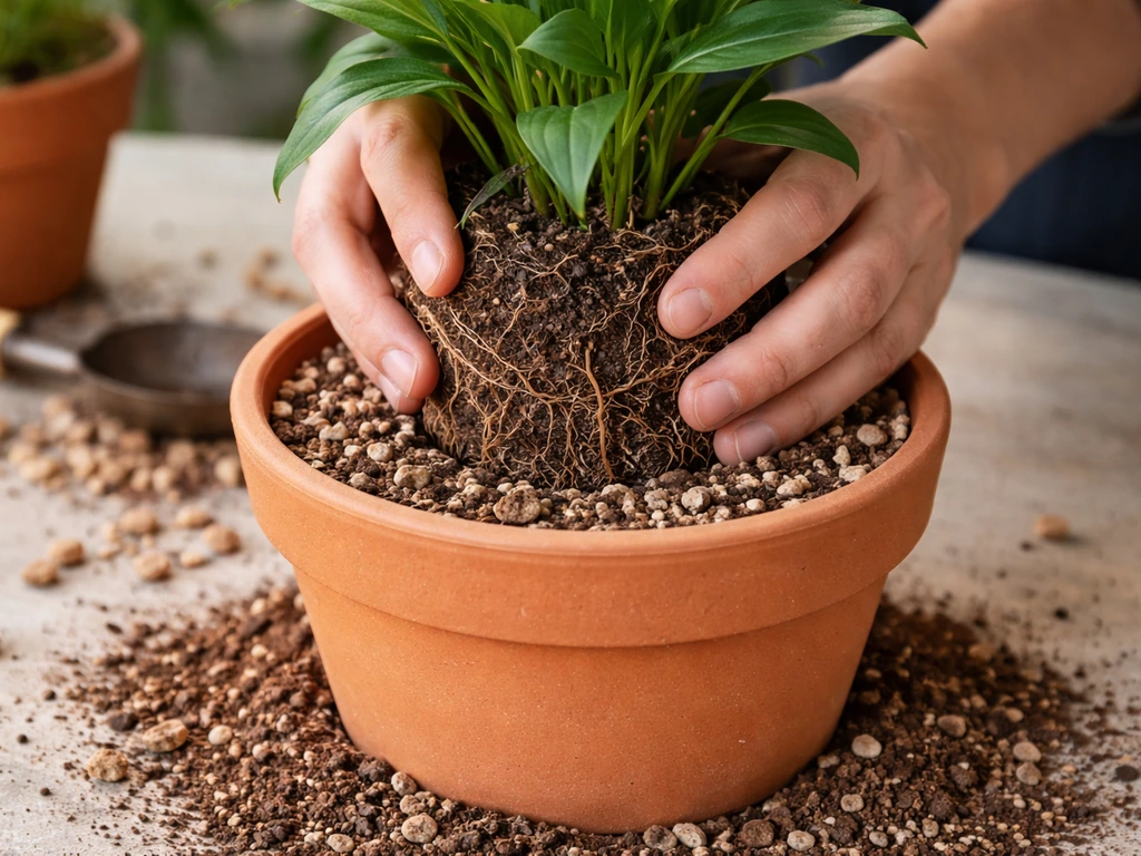 Hands placing a root ball of a blue-glowing plant into a pot with gritty, fast-draining soil mix.