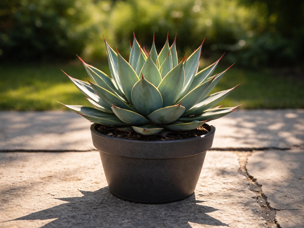 Potted Blue Glow agave in direct sunlight with a sunbeam hitting its blue-green leaves
