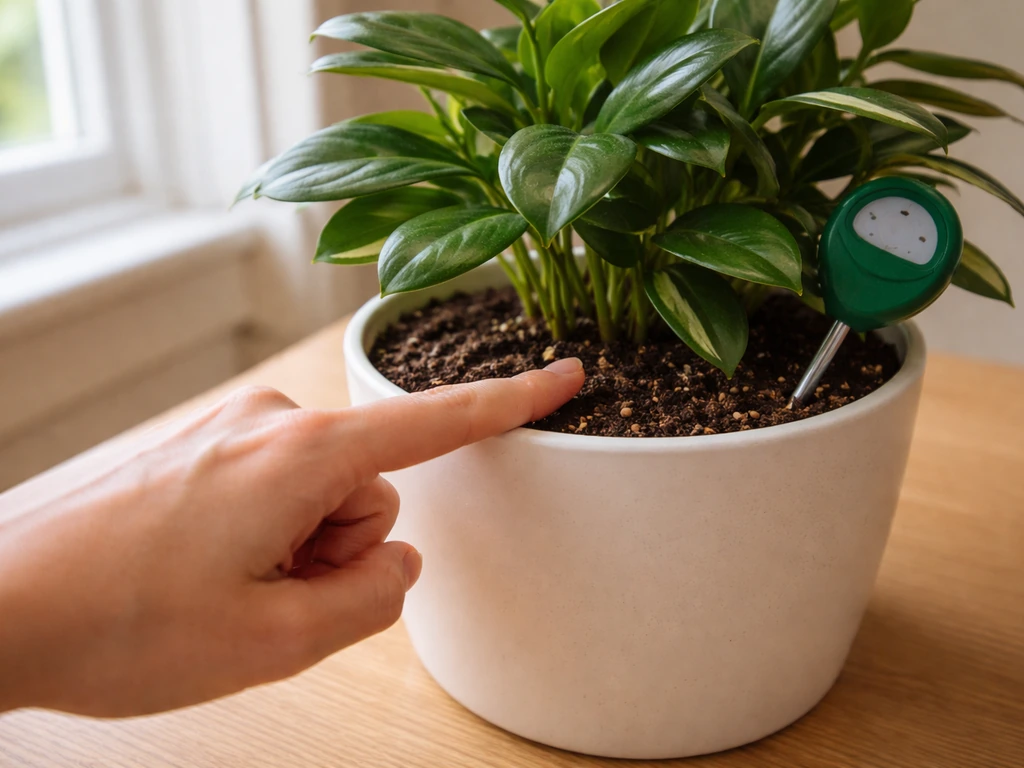 Hand checks soil moisture in a potted plant before watering, with a small moisture probe nearby.