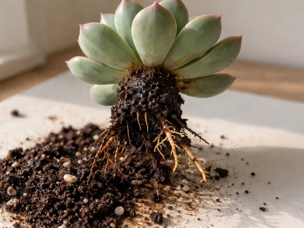 Succulent roots and base showing blackened soft root rot, with a small contrast of healthier roots.