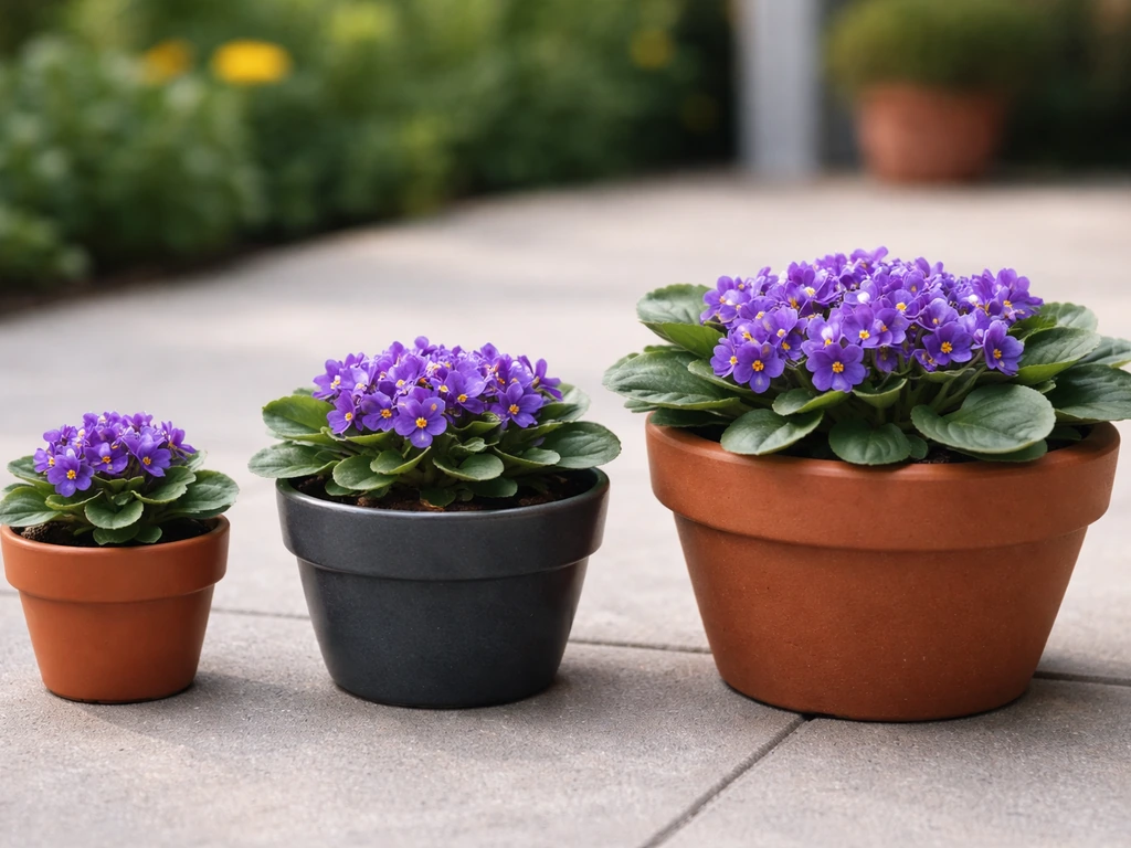 Compact violet plants in plain pots of different sizes, emphasizing container fit and plant scale.