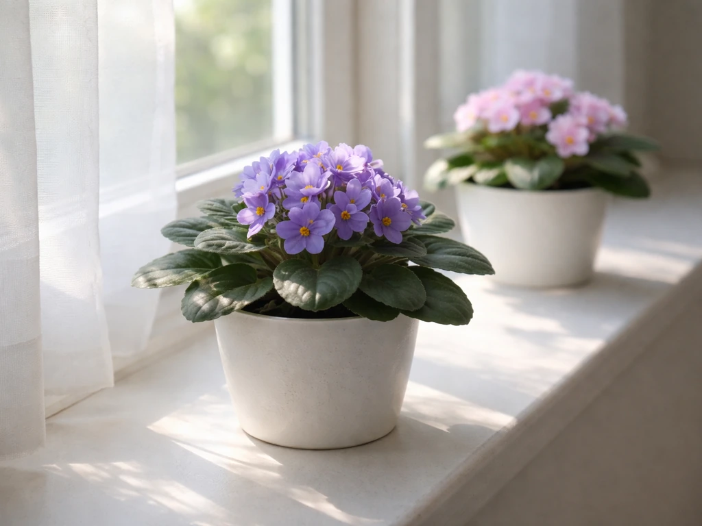 Potted African violets on a sunny windowsill with morning light and afternoon shade, softly lit through a curtain.