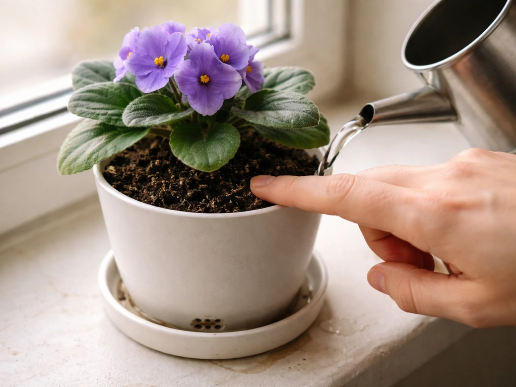 Hand pushes a finger into potted violet soil, then watering begins until water drains from holes.