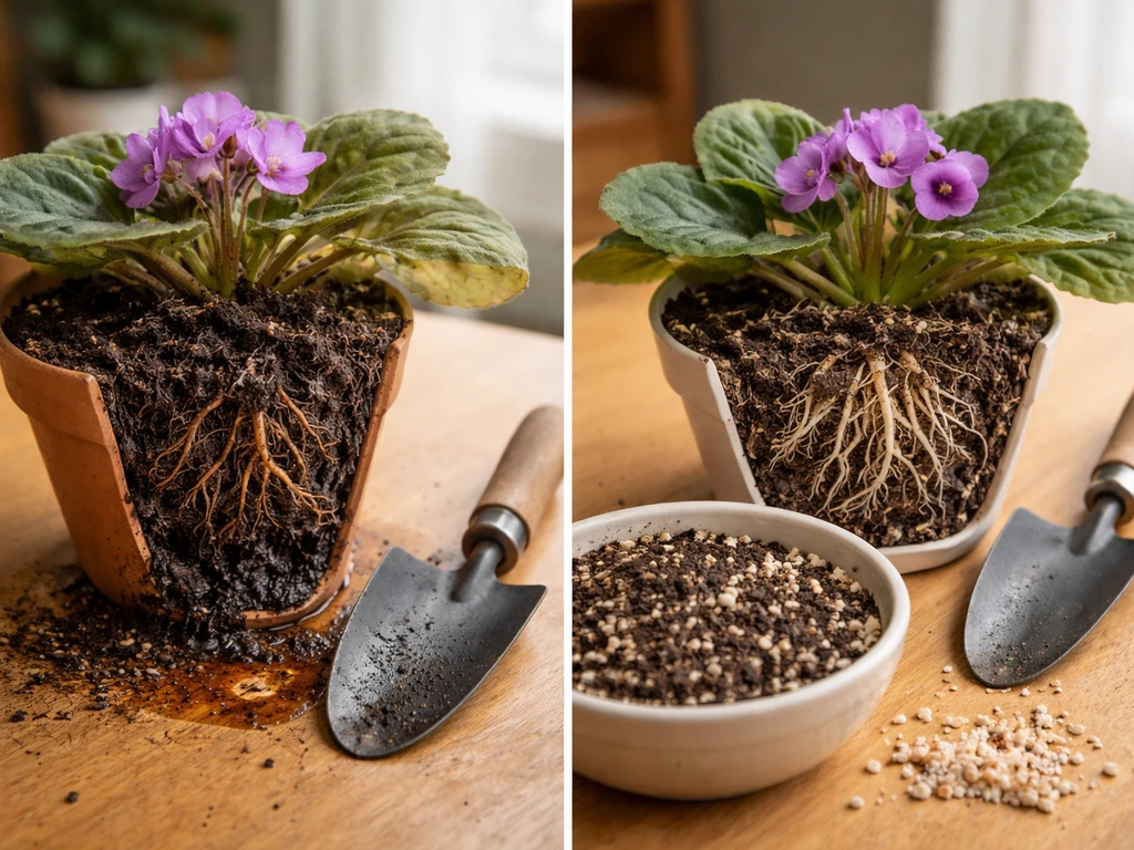 African violet on a table showing soggy root-rot soil versus drier fresh mix for repotting.