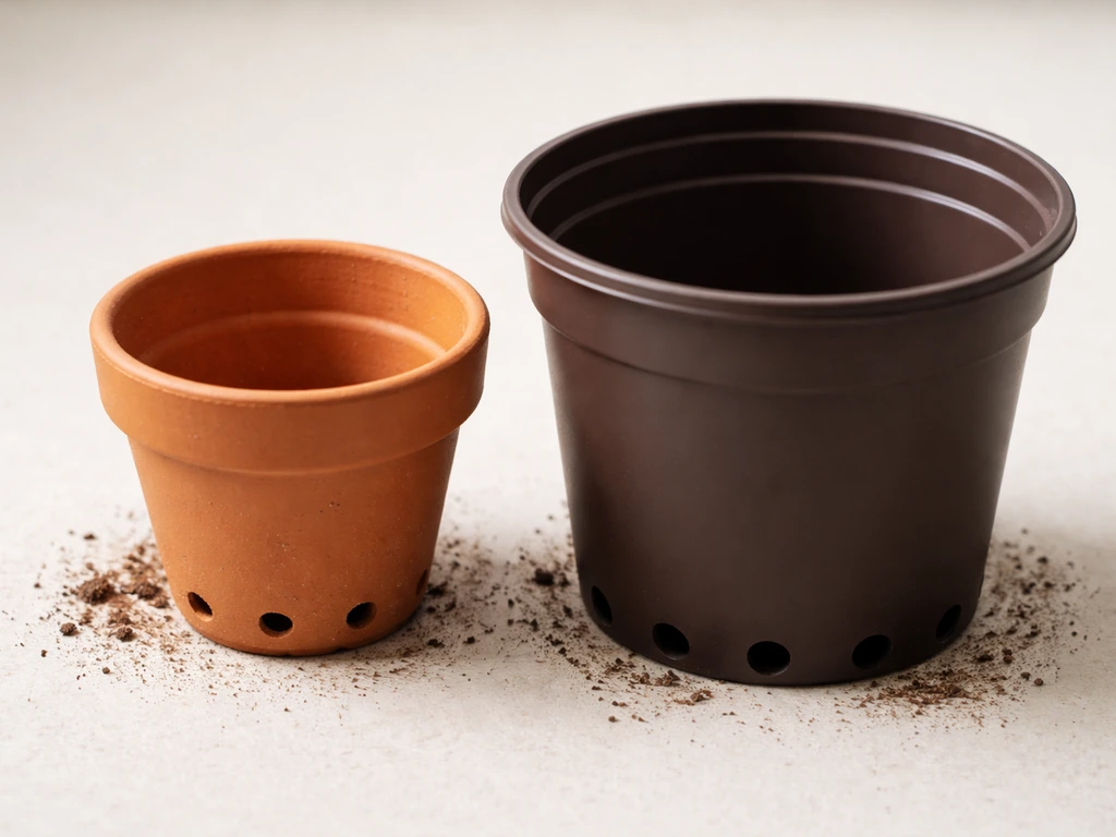 Close-up of terracotta pots with drainage holes and a smaller-to-larger container size comparison.