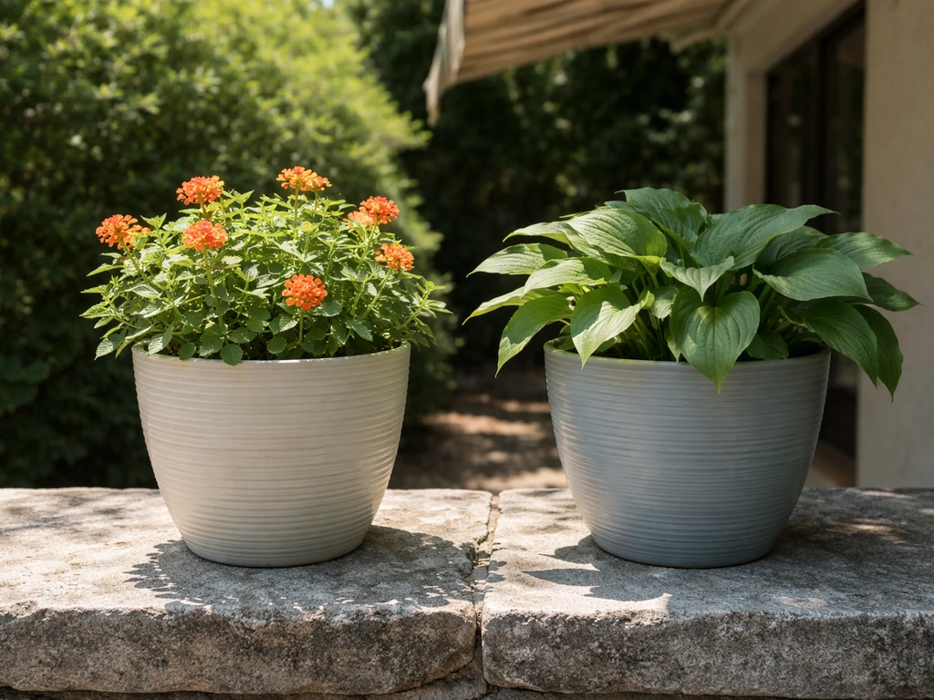 Two outdoor planters side by side: bright-sun plant thriving left, shade plant thriving in partial shade right