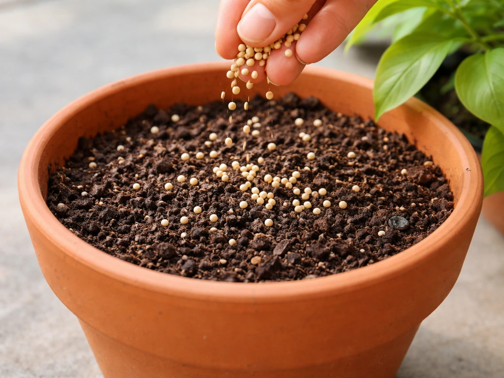 Slow-release fertilizer granules sprinkled on top of potting mix in a container plant pot.
