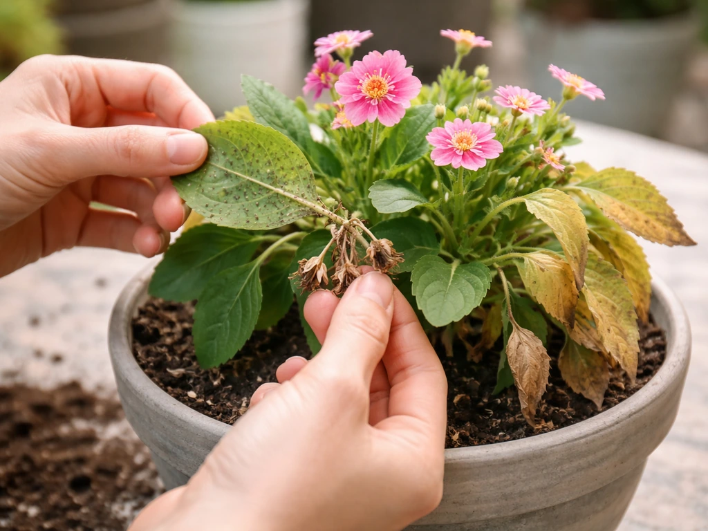 Close-up of hands inspecting a potted plant for pests and removing dead flowers, with healthy and stressed leaves.