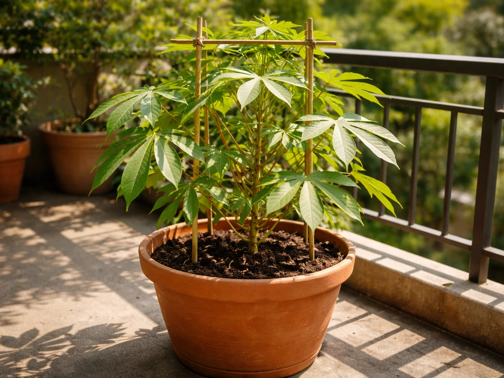 Vibrant cassava (tapioca) plant growing in a large pot on a sunny patio balcony with a simple support stake.