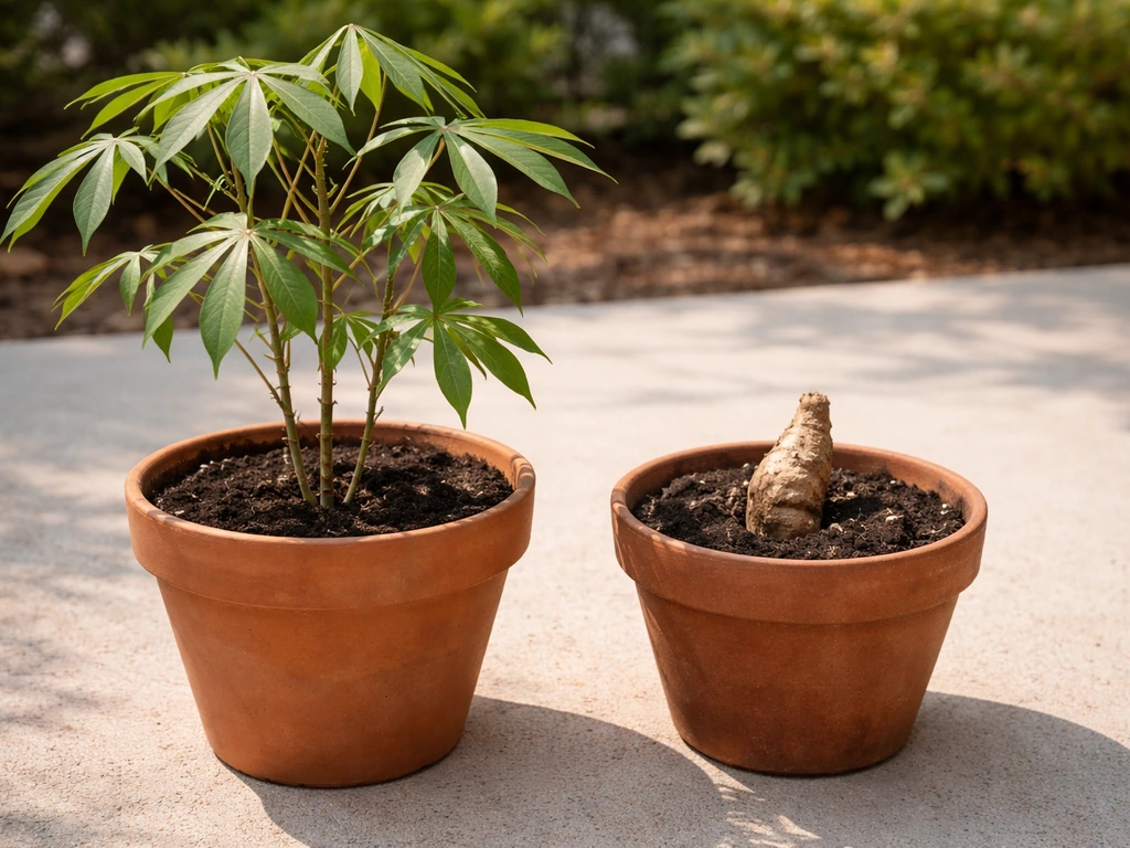 Two small potted plants side by side: cassava leaves in one pot and a tapioca-style root tuber in soil in the other.