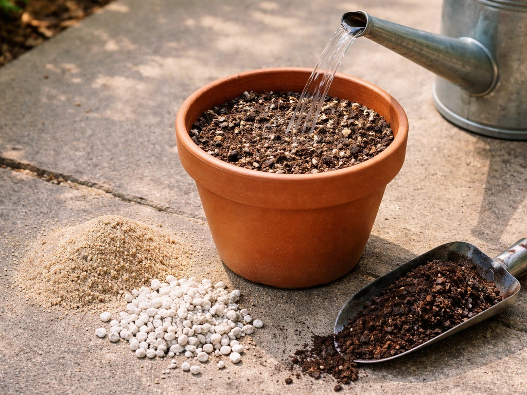 Close-up of sandy container soil mix ingredients and a small watering can beside potted cassava