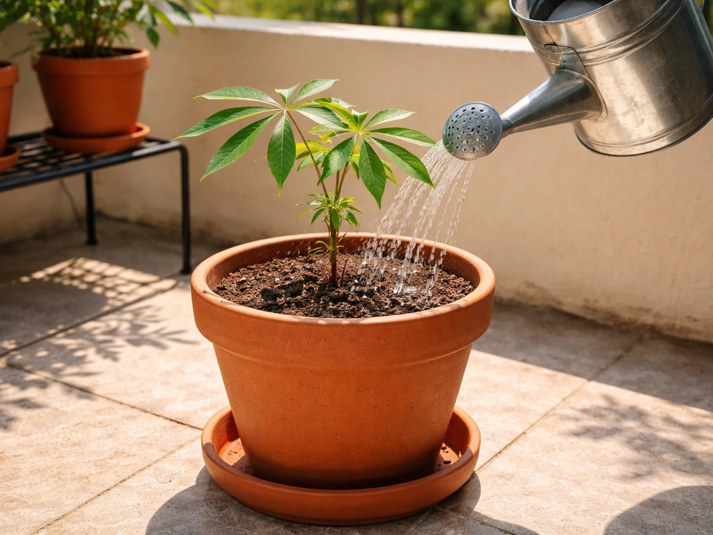 Small cassava plant in a sunlit balcony pot, watered carefully without water pooling.