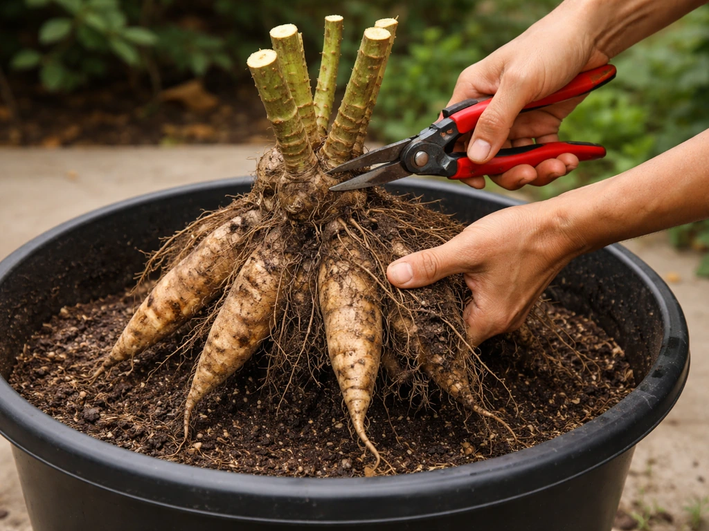 Hands cut cassava stems and lift tapered roots from a container pot, showing the harvest-ready root system.