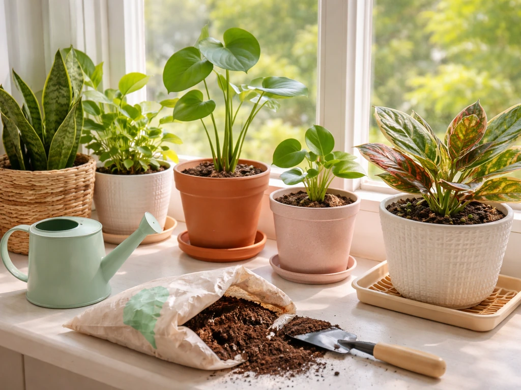 Several potted indoor plants on a sunny windowsill with a watering can and potting soil.