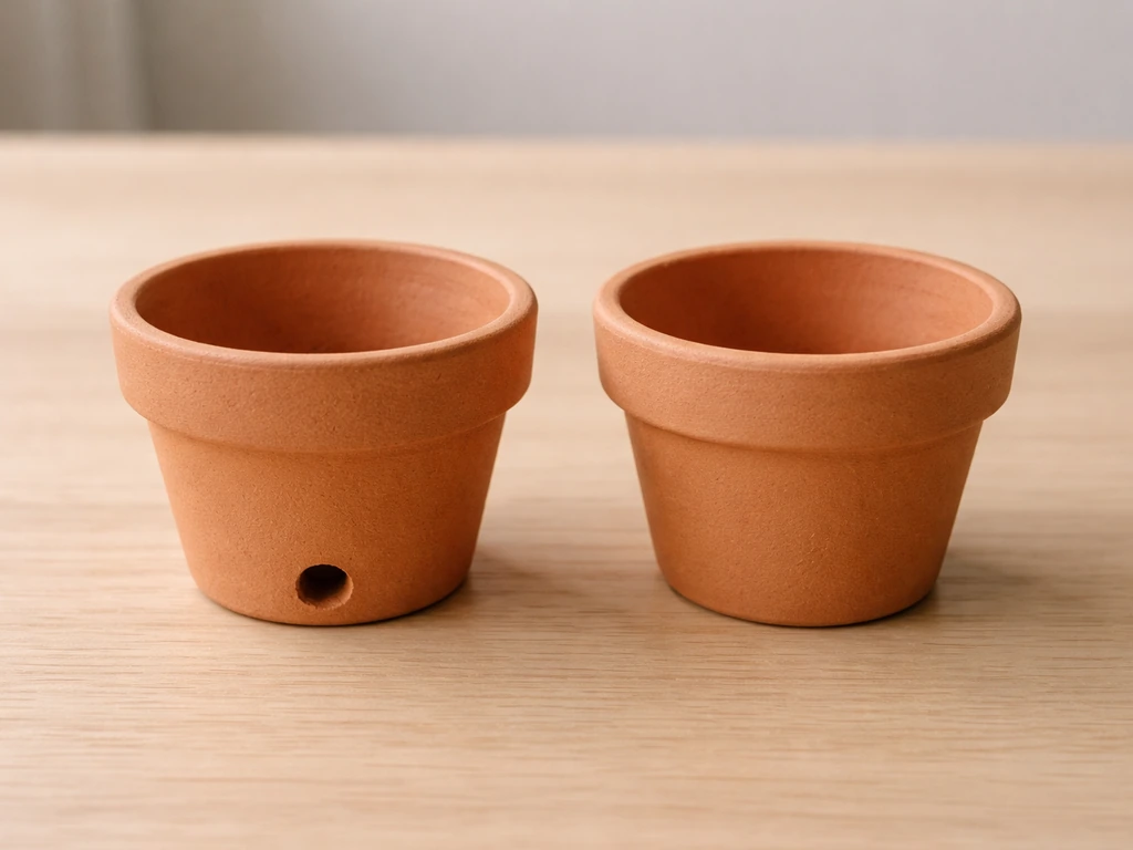 Two terracotta pots side-by-side—one shows a drainage hole, the other has a solid bottom.
