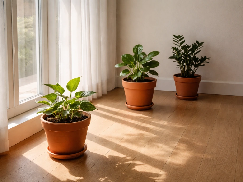 Potted plants placed at varying distances from a window, showing different sunlit and shadow areas.