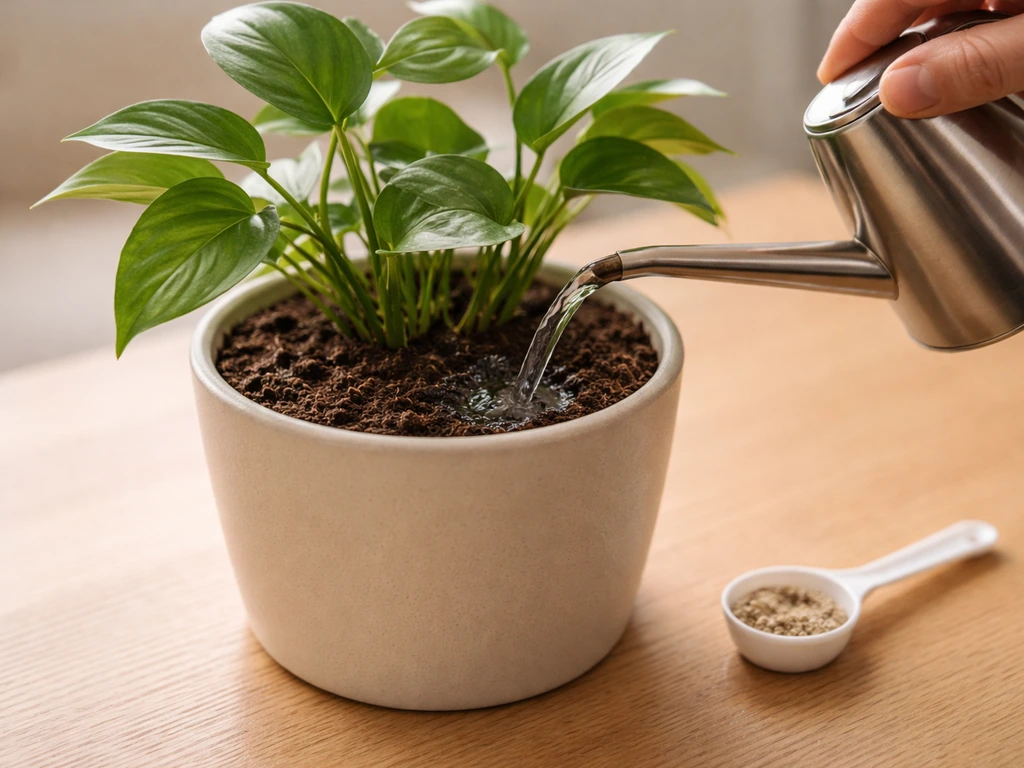Close-up of liquid fertilizer being poured into a potted plant’s soil with leaves kept dry.