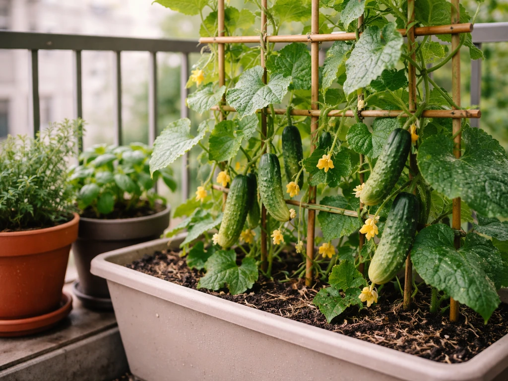 Green gherkin vines climbing a small trellis in balcony pots, with small cucumbers ripening