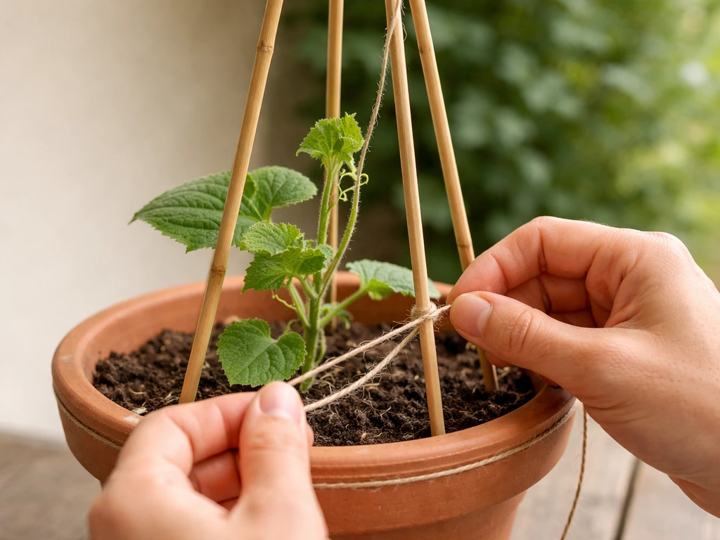 Hands securing a bamboo cane wigwam in a potted gherkin plant, with twine tied to support