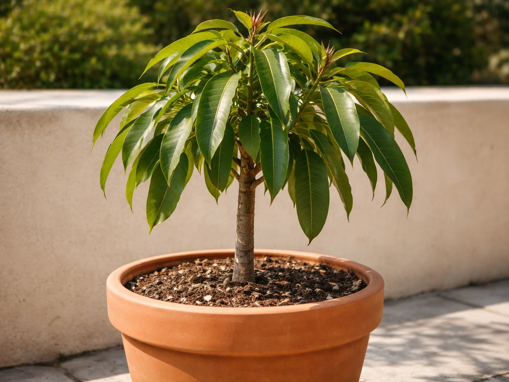Healthy mango tree growing in a large pot on a sunny patio