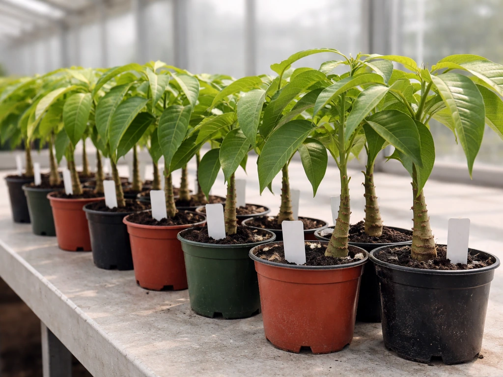 Compact mango seedlings in labeled starter pots inside a bright greenhouse.