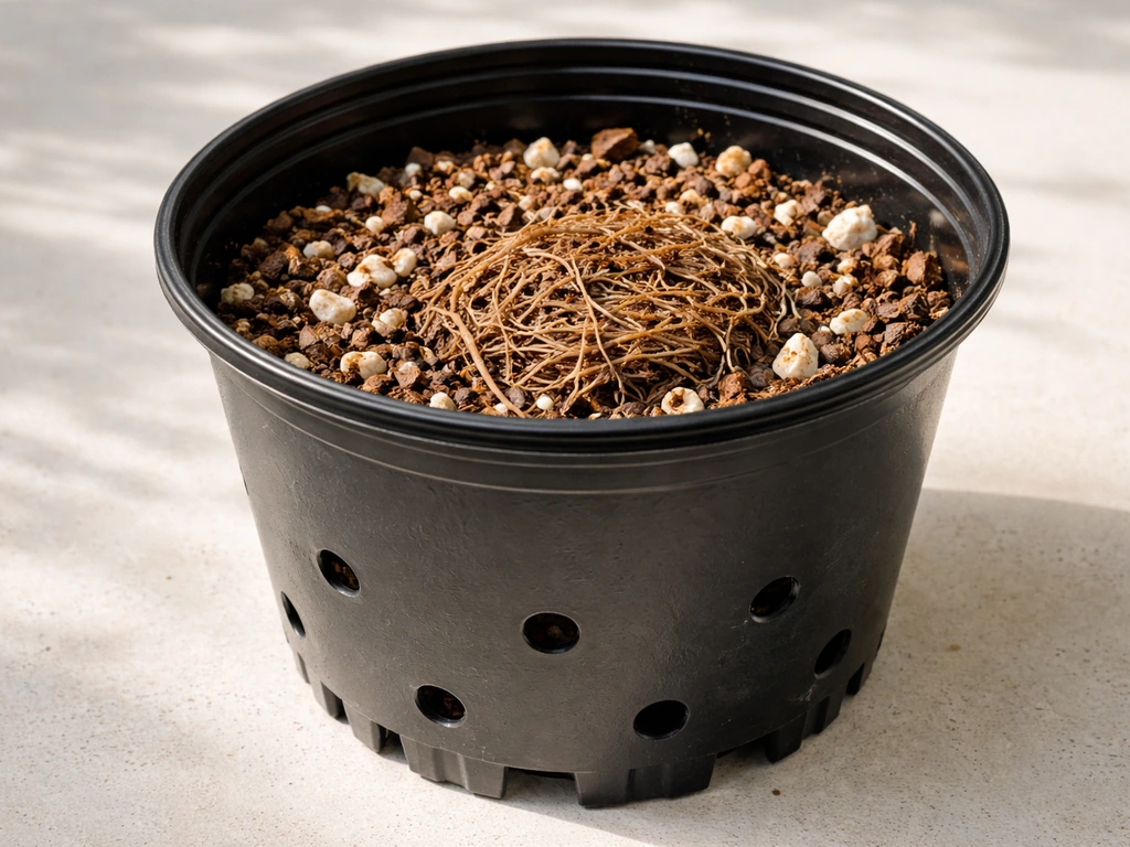 Close-up of a small pot with drainage holes and mango roots in airy potting mix.