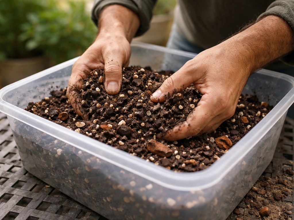 Gardener hands hand-mixing a fast-draining mango potting soil mix with bark, compost, and perlite-like particles.