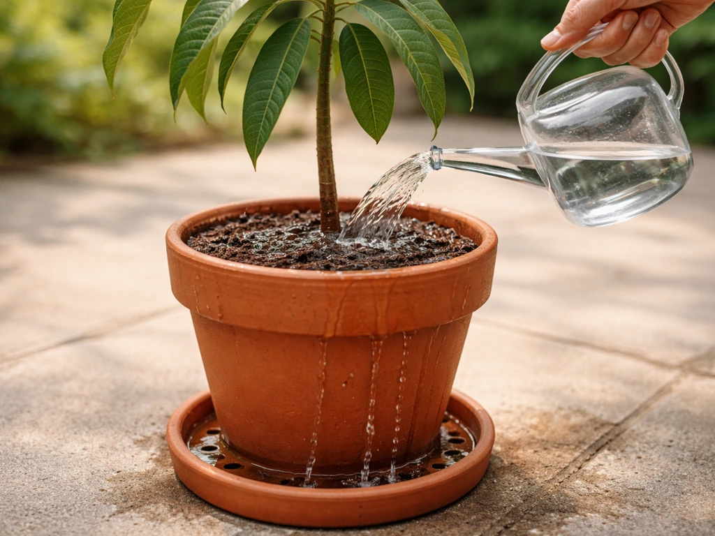 Hand watering a potted mango until water drains from the bottom holes, showing deep soak.