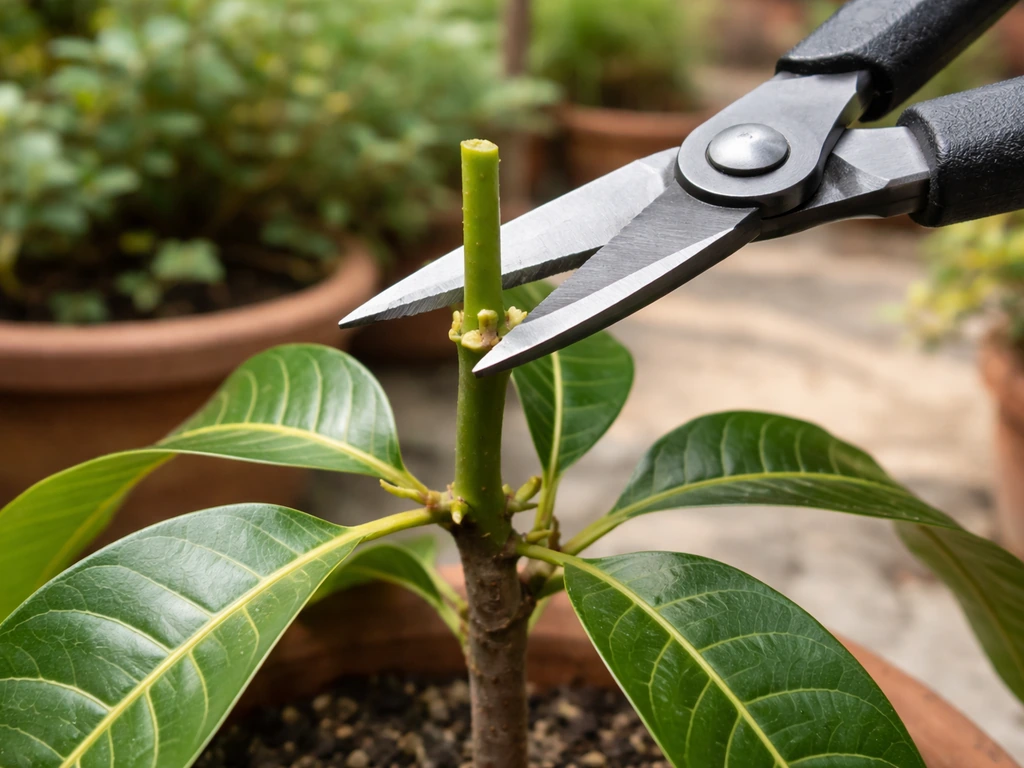 Pruning shears cutting a leggy mango shoot on a potted tree to encourage branching
