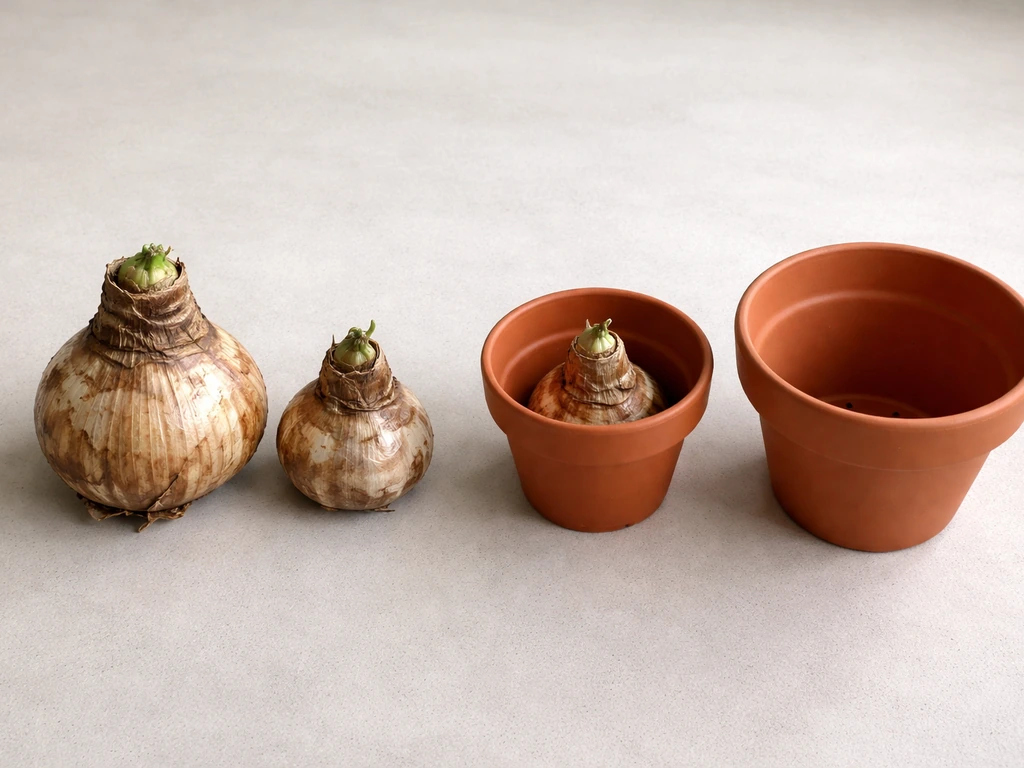 Large and smaller hippeastrum bulbs beside snug and spacious pots on a clean tabletop