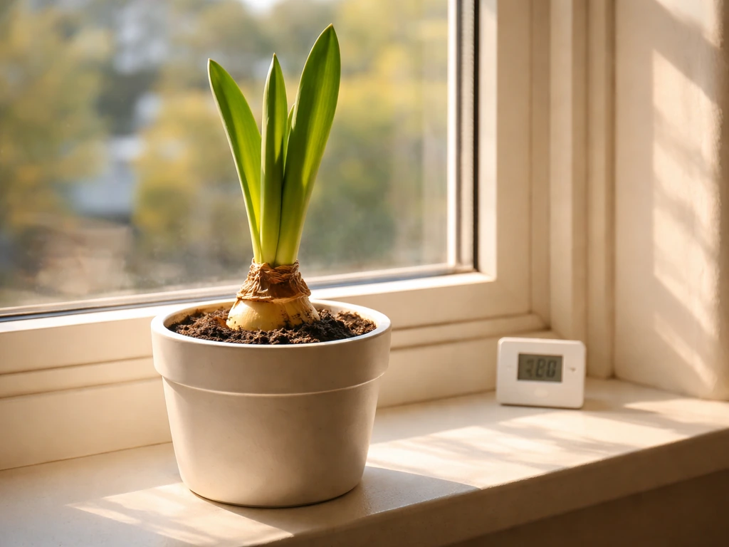 Hippeastrum in a pot on a bright sunny windowsill with visible sunlight and a small thermometer nearby.